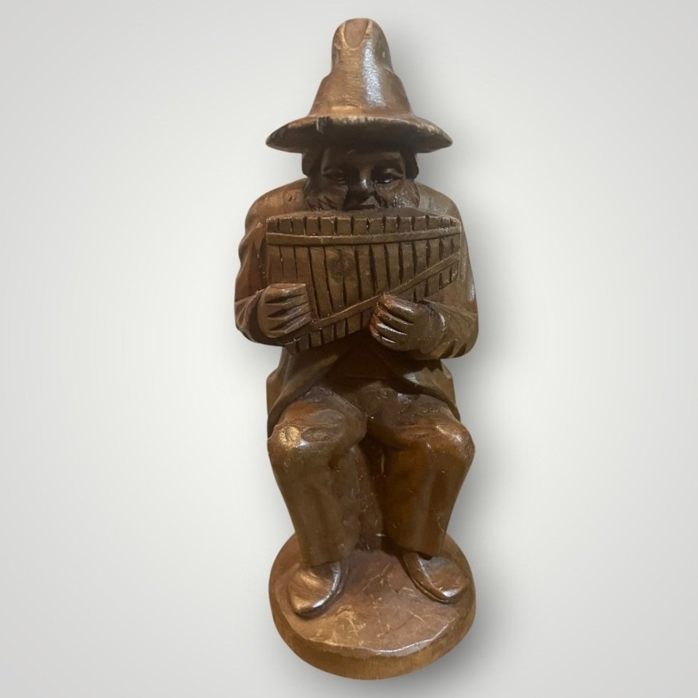 Vintage Hand Carved Wooden Folk Art Figurine 8" Hand Carved Pan Flute Musician